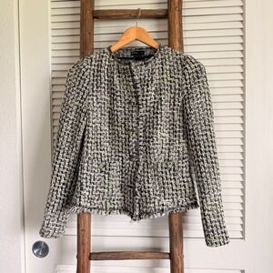 Benetton Tweed Blazer 42‎ Black White Lime Green Frayed Trim